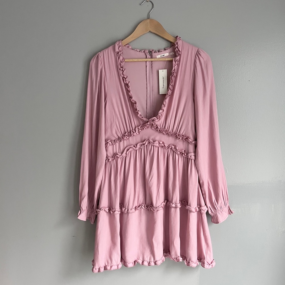 Mi Ami Francesca's Pink Ruffle Tiered Mini Dress V-Neck Long Sleeve Large NWT
